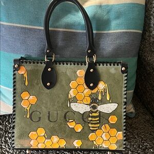 Olive and Black Tote with Bee Design